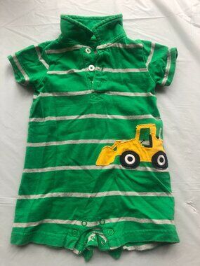 6-Months Carter's Green Onesie w/Bulldozer; Collar & White horizontal stripes